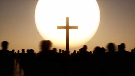 a huge cross in a desert, arid environment, with crowd standing idle on sunset with dark shadows, 3d animation, 3d scene, dystopian theme, camera dolly left