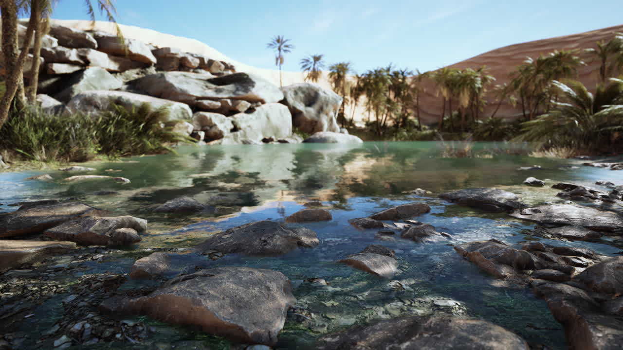 lago oasis en el desierto rodeado de altas dunas de arena amarilla