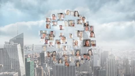 animation of network of connections with people icons over cityscape