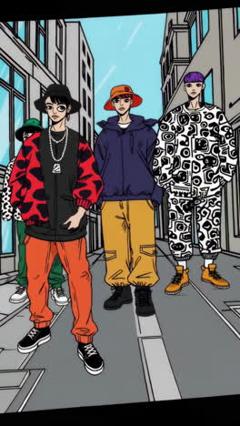 stylized anime characters in urban streetwear fashion