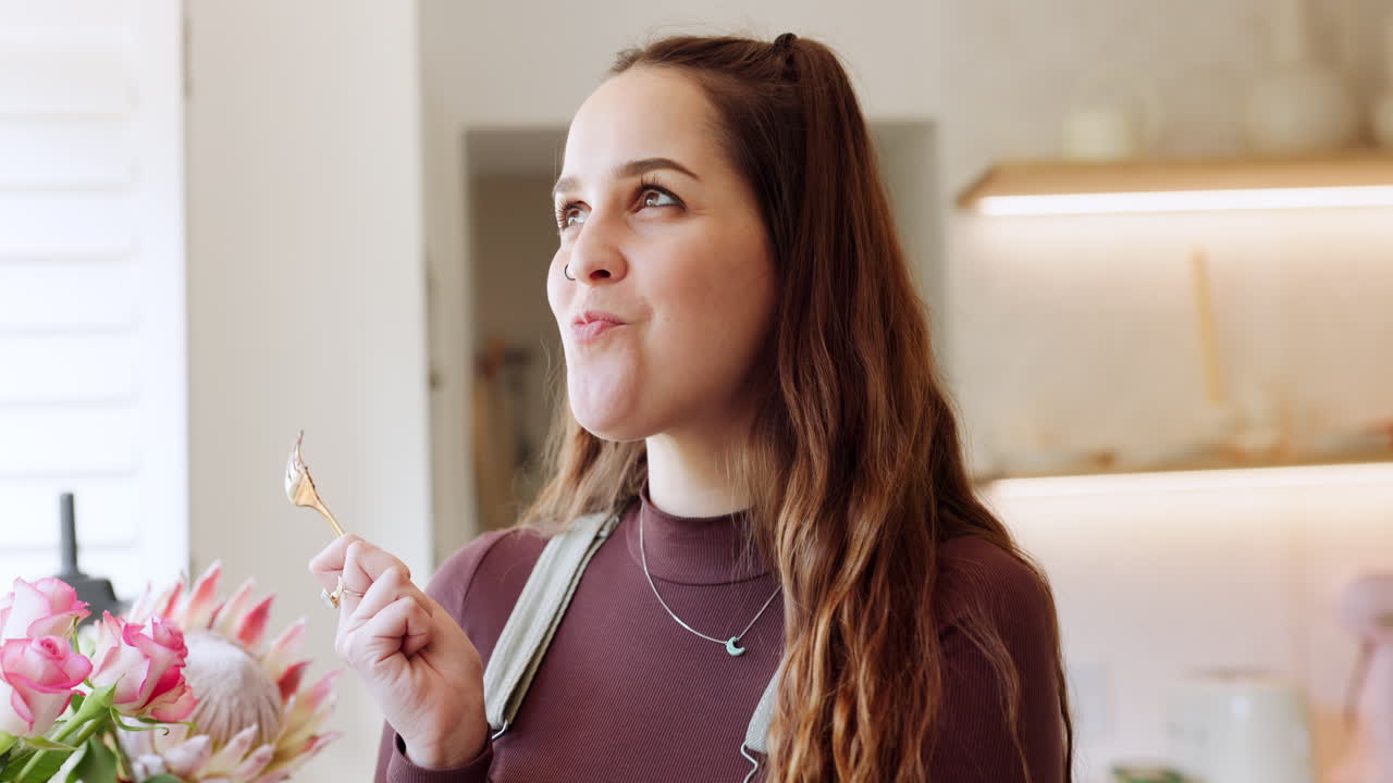 feliz, baile y mujer con comida