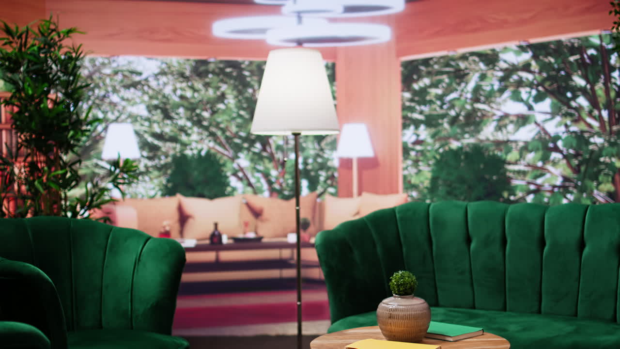 우아한 초록색 가구가 있는 편안한 빈 아파트 방