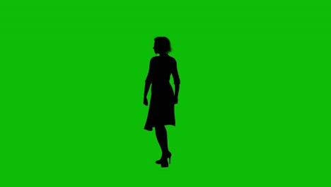 silhouette of a woman with short hair, long skirt, and high heels, dance dynamically on green screen, front view. people silhouettes 3d loop animation.