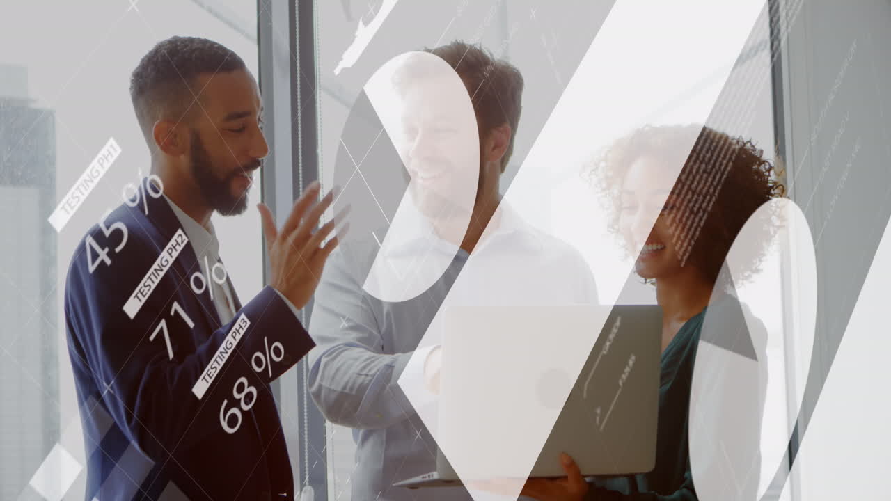 Animation of statistical data processing on diverse businesspeople discussing over laptop at office