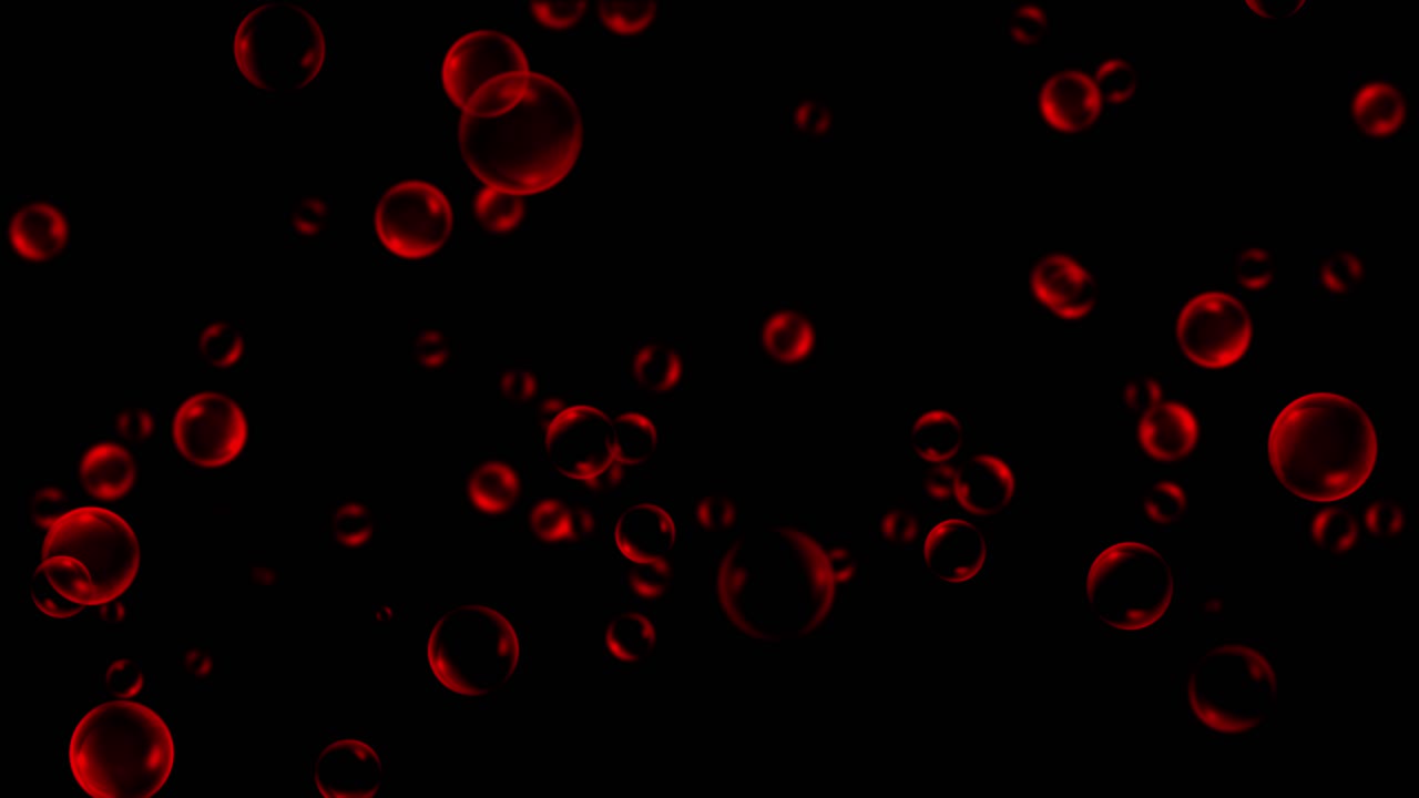 A dense cluster of luminous red bubbles floats upwards against dark background. For medical concepts like blood cells or abstract backgrounds. Seamless loop