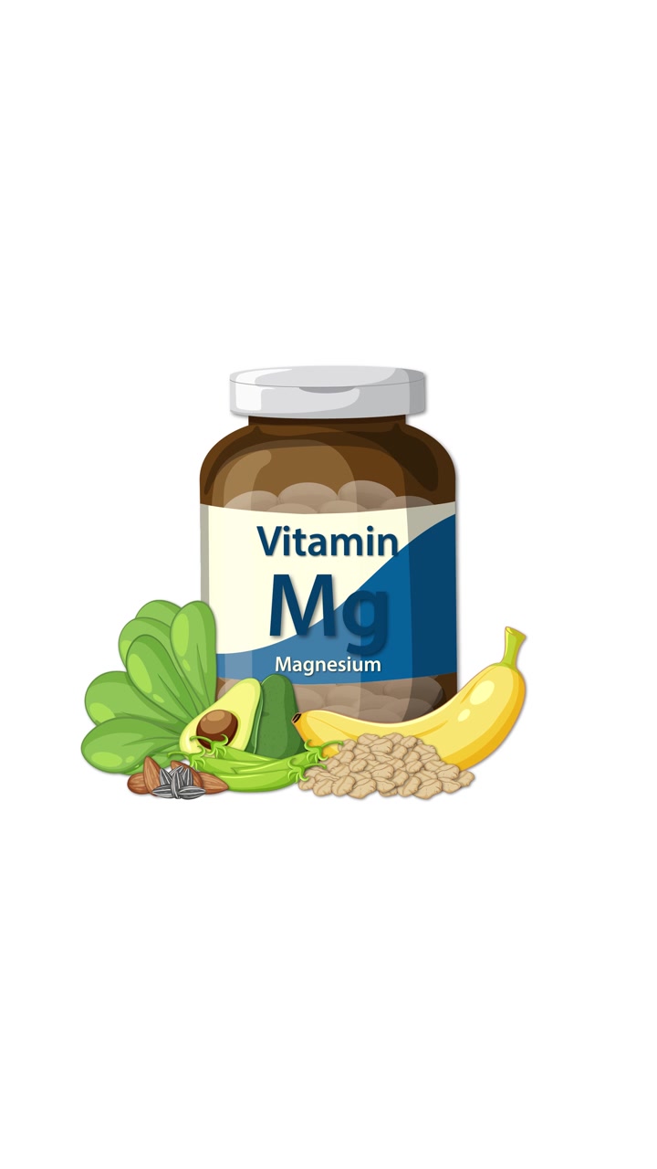 Een flesje magnesiumsupplement verschijnt met illustraties van spinazie, avocado, banaan, noten, zaden en schaaldieren.