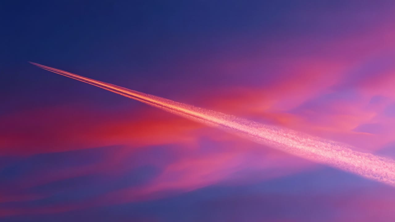A Vibrant Sky Witnesses the Elegance of Aviation: A Jet Contrail Cuts Across a Canvas of Stunning Red, Pink, and Purple Hues, Showcasing Nature's Beauty at Dusk