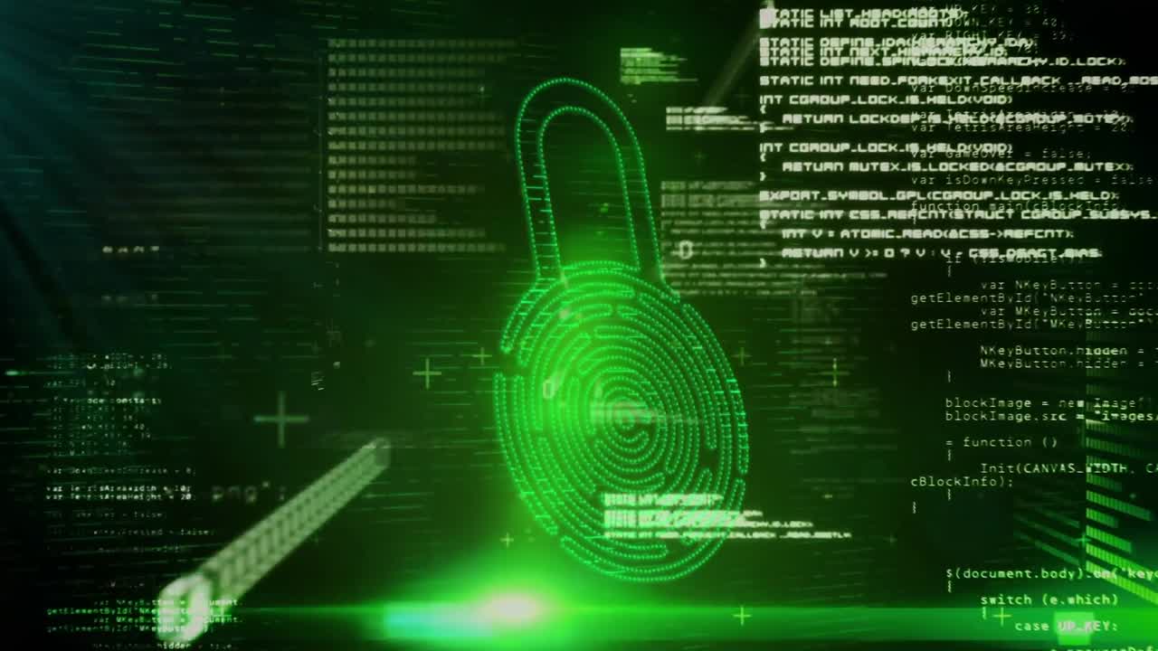 Biometric online security padlock icon, binary coding and data processing