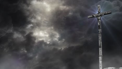 cross of jesus on top of mountain with storm clouds background