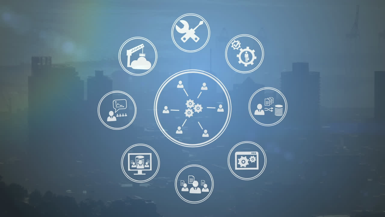 Animation of digital icons spinning against aerial view of cityscape