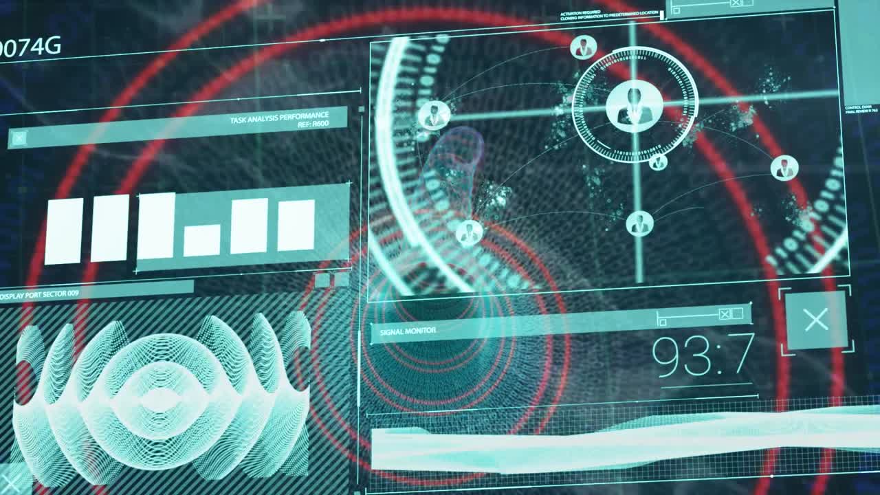 animación de la pantalla digital con diversos datos, gráficos y círculos