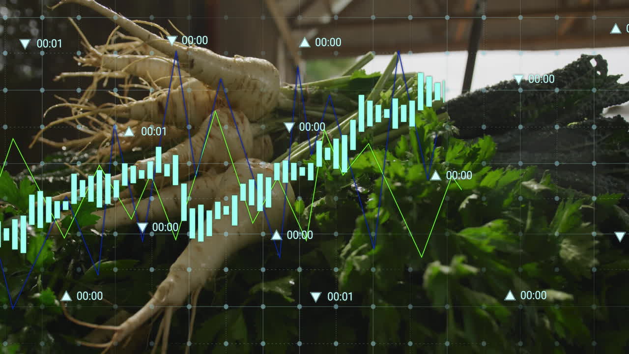 시장에서 신선한 채소에 대한 애니메이션 금융 데이터 차트