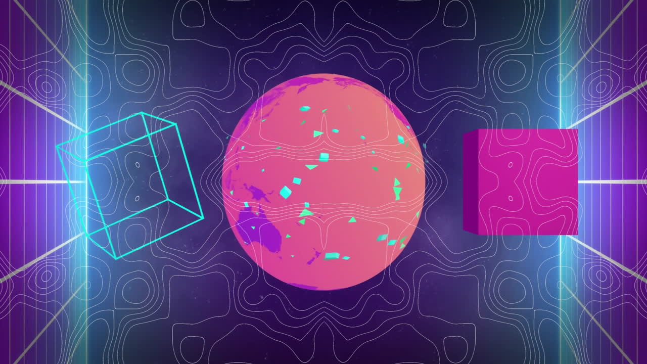 animación de formas y globo sobre fondo negro