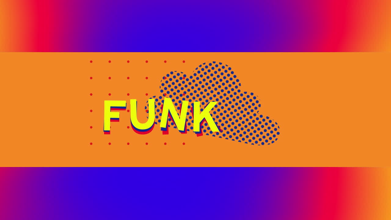 Animation von 'Funk'-Text über Formen auf blauem Hintergrund