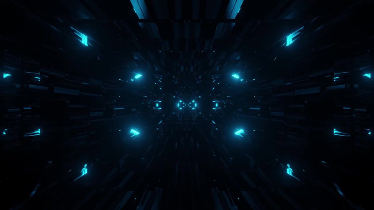 Computerized digital animation of dark reflective space tunnel illuminated with blue lights
