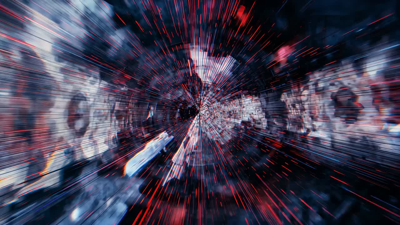 Advancing center vortex moving toward camera in dark tunnel with red blue lines, grid, panels, haze