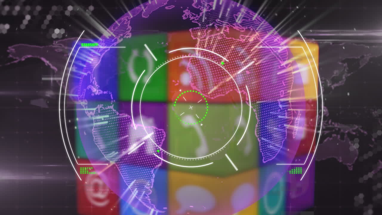 Animation of scope scanning over globe and cube on black background