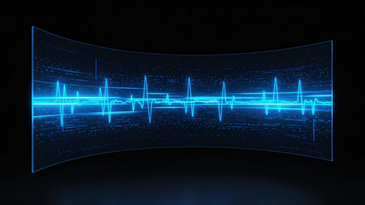 Visual Representation of a Sound Wave: An Abstract Analysis of Vibrations with Stunning Neon Blue Pulse Patterns and a Futuristic Backdrop