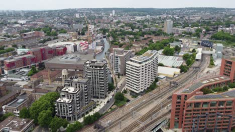 railway lines from st pancras passing though kings cross london uk drone aerial view