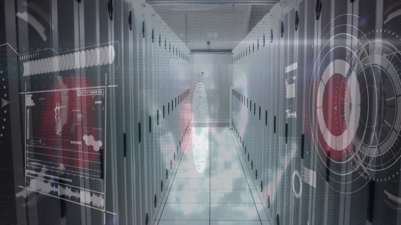 animación del procesamiento de datos a través de huellas dactilares y servidores informáticos