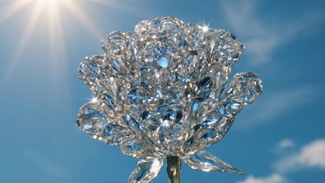 crystal rose gleaming under the sun, set against a backdrop of blue sky with wispy clouds, embodying luxury, romance, and elegance in a stunning floral design