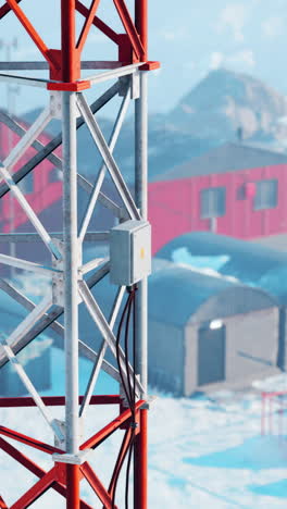 close-up of a red and white metal tower with cables