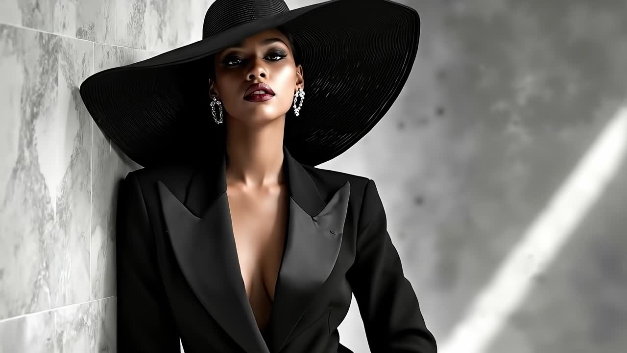 A woman in a black suit and hat leaning against a wall