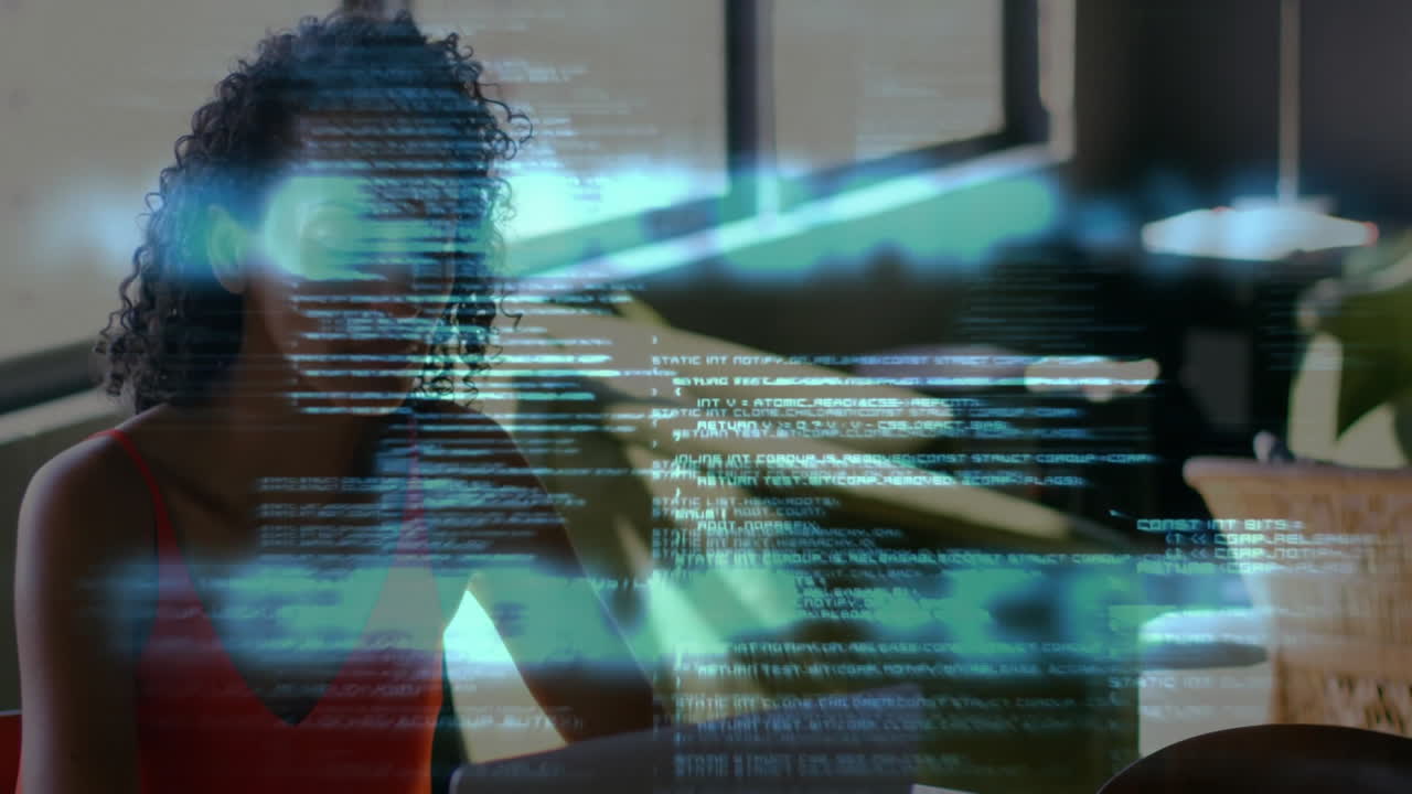 Female software developer analyzing tech code overlay at desk, blending laptop icons plus mug
