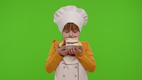 Child-girl-kid-dressed-as-professional-cook-chef-showing-eating-tasty-handmade-strawberry-cake