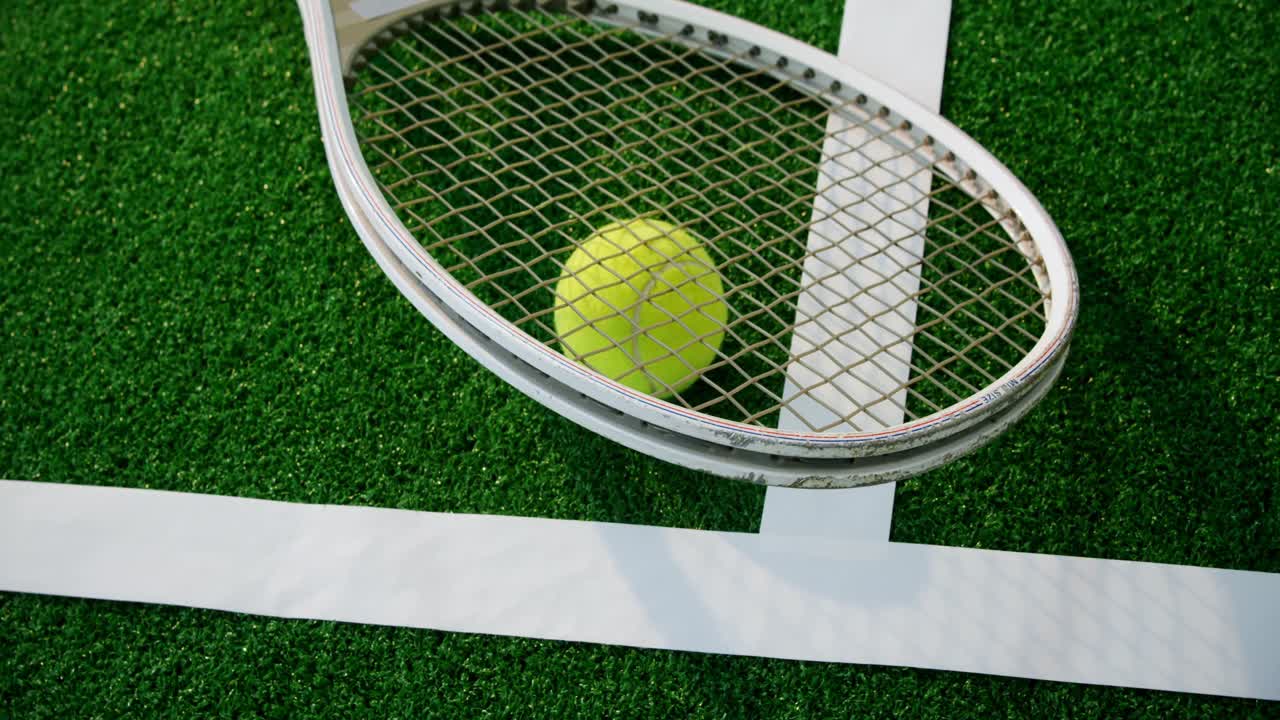 Tennis ball and racket near white line 4k