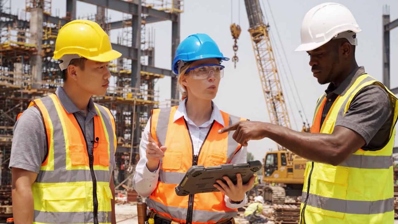 Construction Site Collaboration: A Professional Worker Engages with Colleagues Using Digital Tools for Effective Project Management at a Busy Building Site