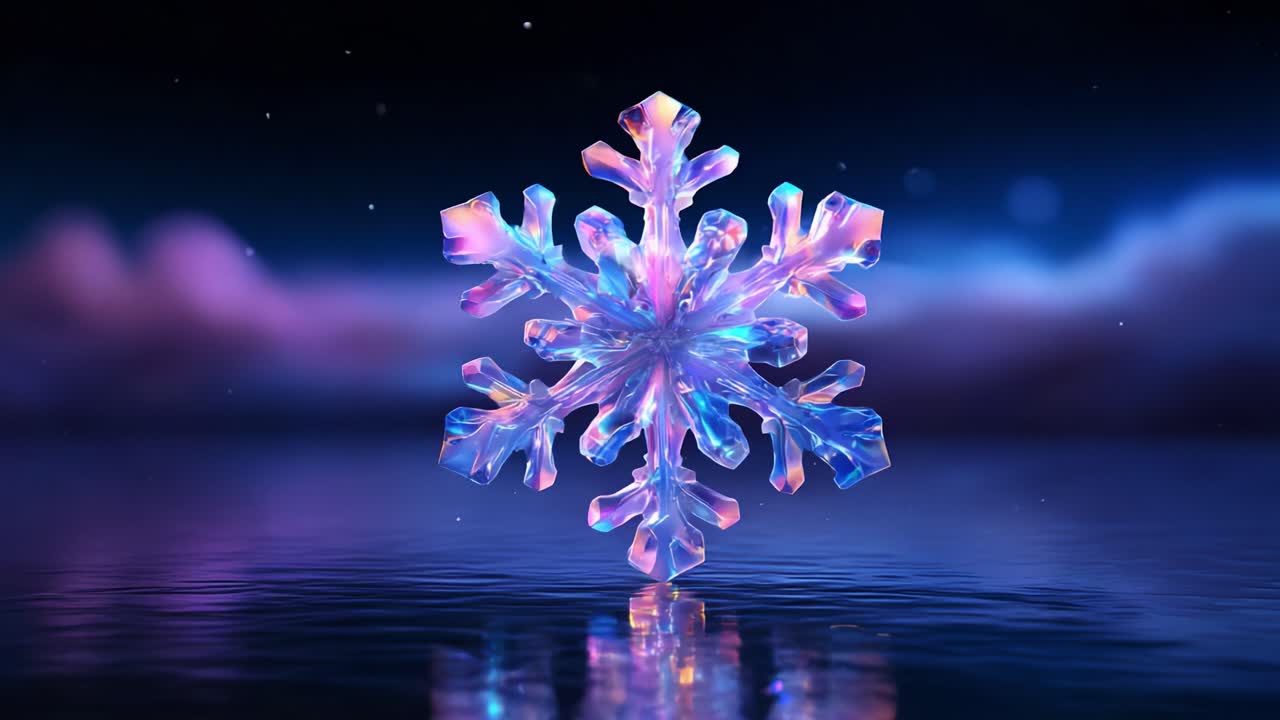 A Beautifully Crafted Snowflake Emerges from a Serene Background, Showcasing Vibrant Colors and Reflections, Perfectly Positioned Above the Calm Water Surface Amidst a Dreamy Atmosphere