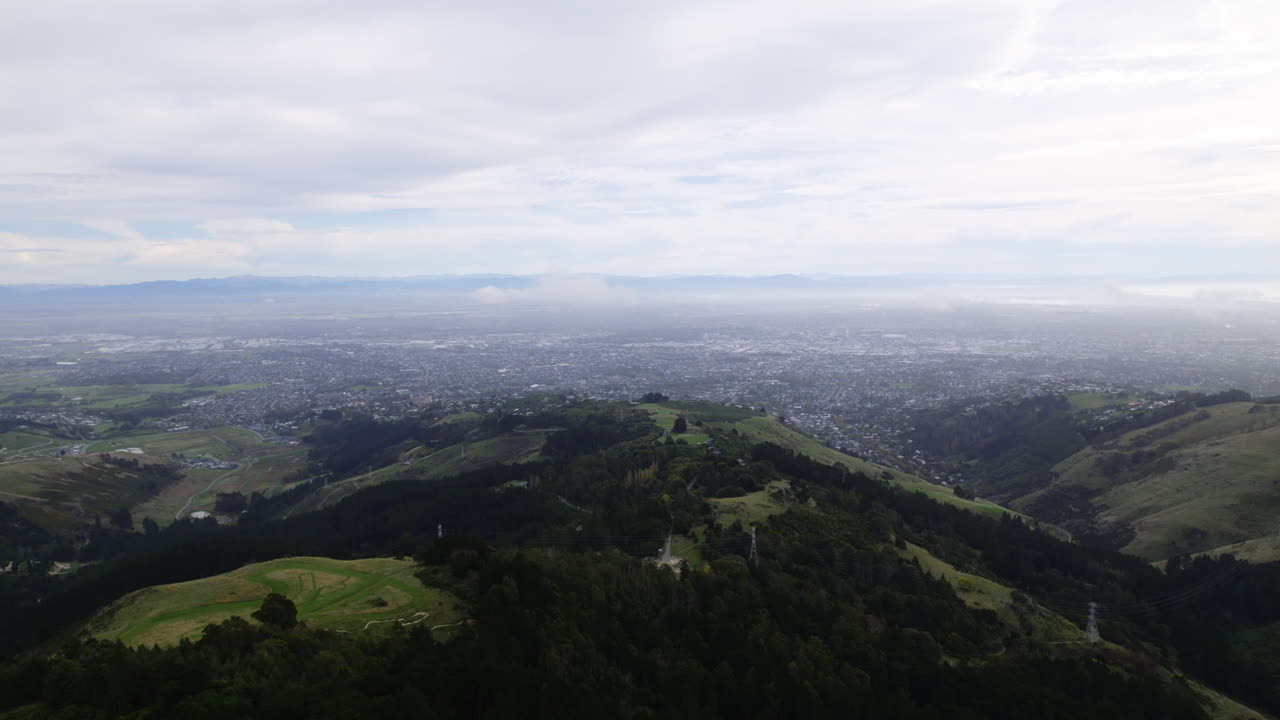 Wide drone shot of Christchurch from the mountains, cloudy day in New Zealand