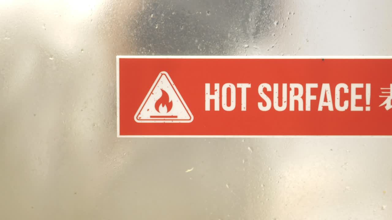 Hot Surface Warning Sign on Steamy Glass