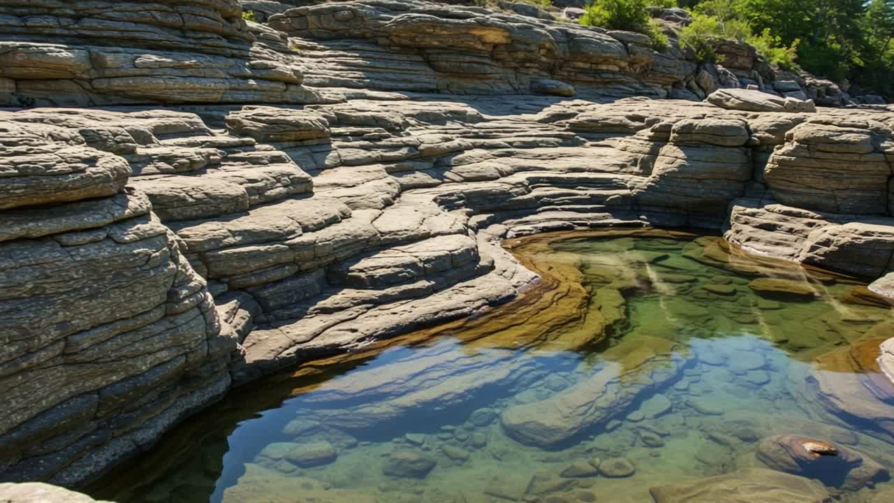 Serene Natural Pool Surrounded by Layered Rock Formations Under Bright Sunlight, Capturing the Beauty of Erosion and Clear Water in a Idyllic Landscape