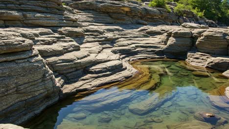 serene natural pool surrounded by layered rock formations under bright sunlight, capturing the beauty of erosion and clear water in a idyllic landscape