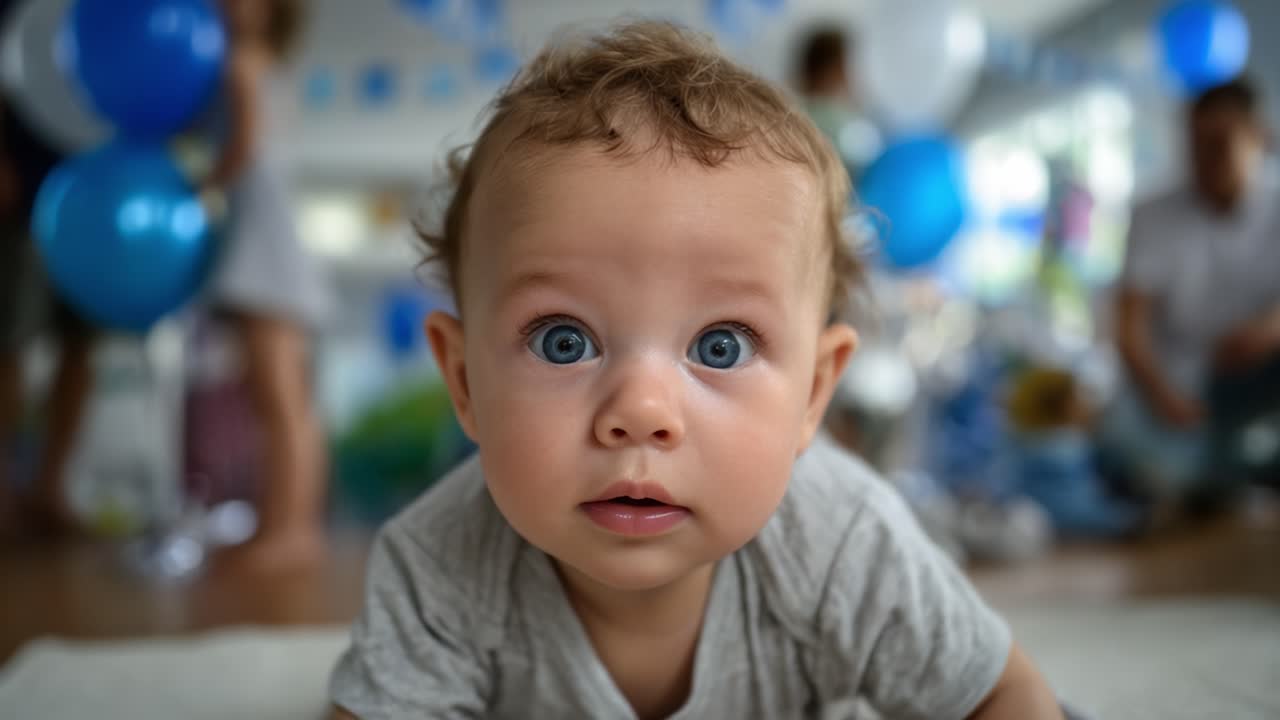 Um bebê curioso olha para cima com grandes olhos azuis, cercado por balões coloridos em um ambiente interno festivo, capturando um momento de inocência e admiração