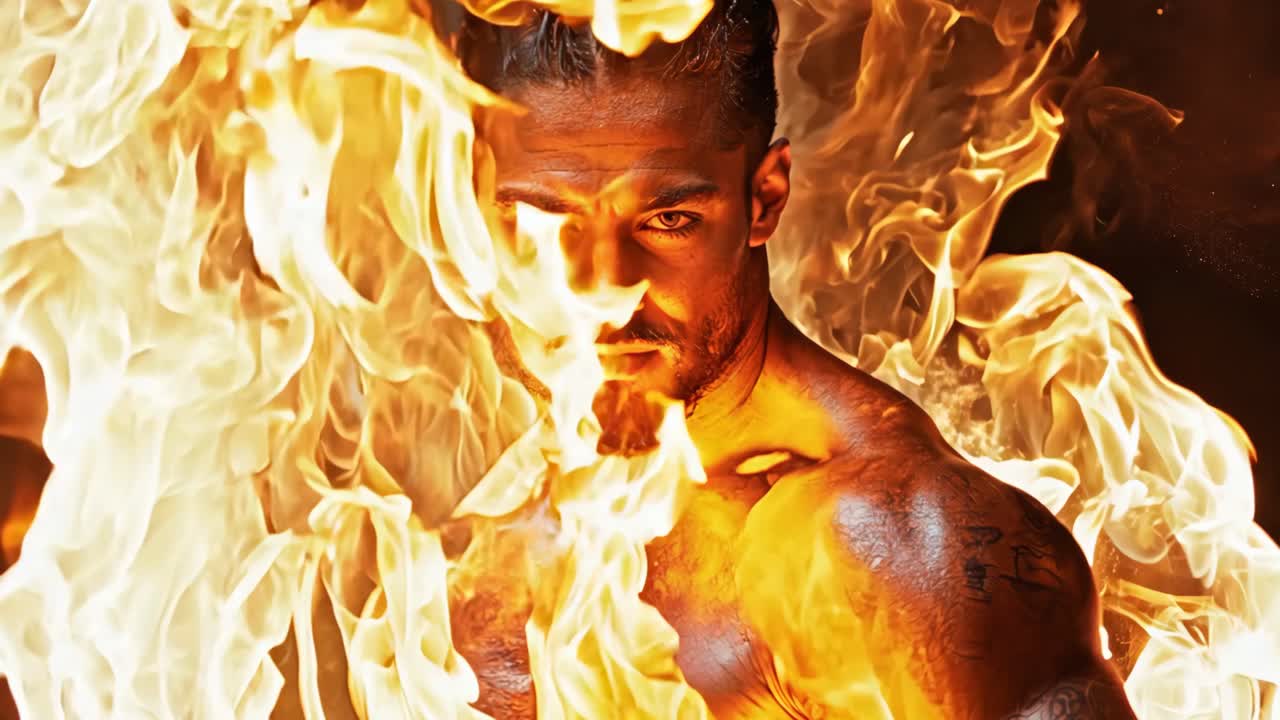 A man with a muscular body is standing in front of a fire. The fire is orange and yellow, and it is surrounded by smoke. The man's face is serious and focused, as if he is in the middle of a battle