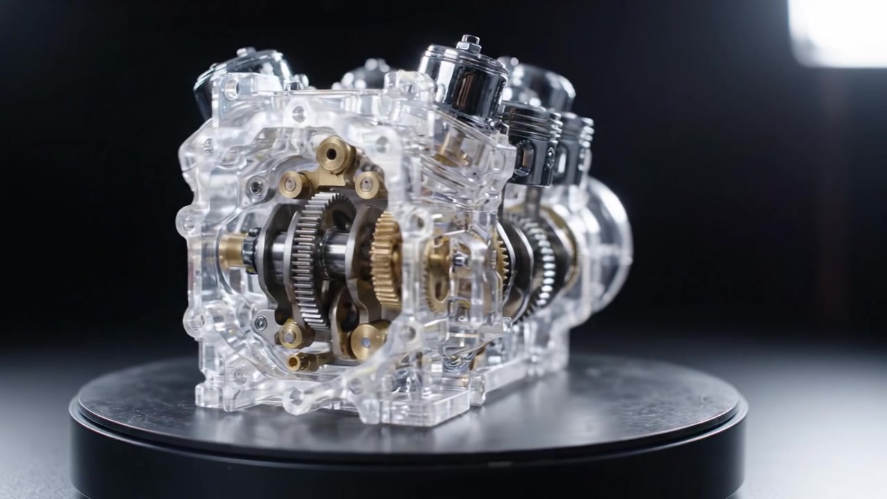 A Detailed Examination of a Crystal-Clear Engine Model Showcasing Intricate Mechanics and Design, Highlighting the Precision of Engineering in a Stunning Visual Presentation