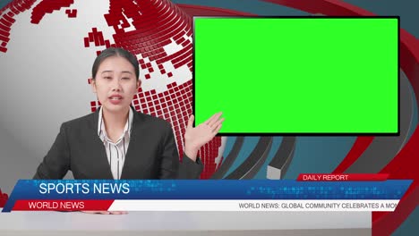 live news studio with asian professional female anchor and green screen television pointing to side while reporting on the events of the day