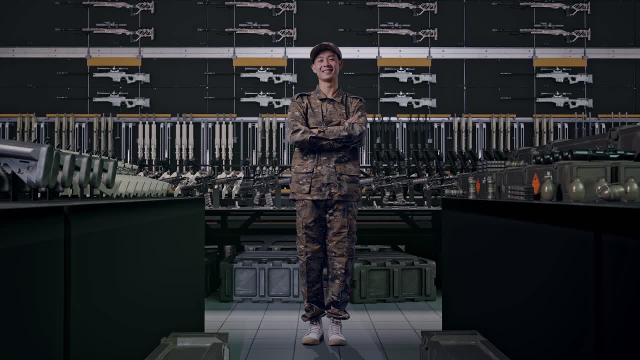 uomo asiatico soldato a figura intera sorridente che incrocia le braccia nell'armeria militare