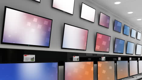 animation of rows of television sets with glowing pattern on blue and pink screens in store