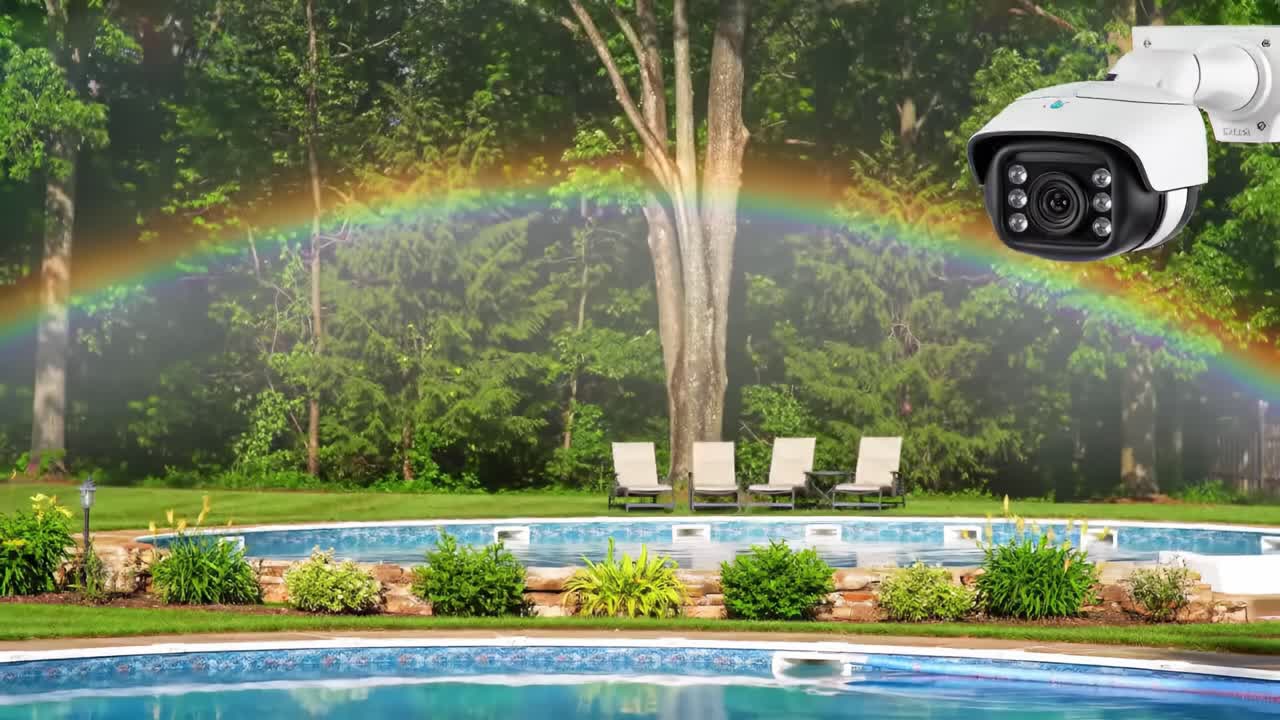 A beautiful rainbow arcs over a tranquil swimming pool surrounded by greenery. Lounge chairs sit invitingly beside the water in this peaceful outdoor setting.