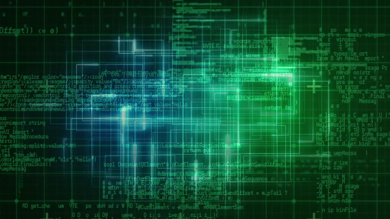 Animation of glowing data processing with markers over grid