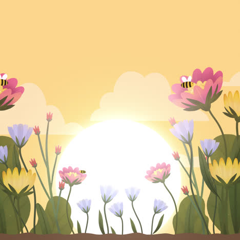 hermosas flores de primavera y abejas al amanecer o al atardecer