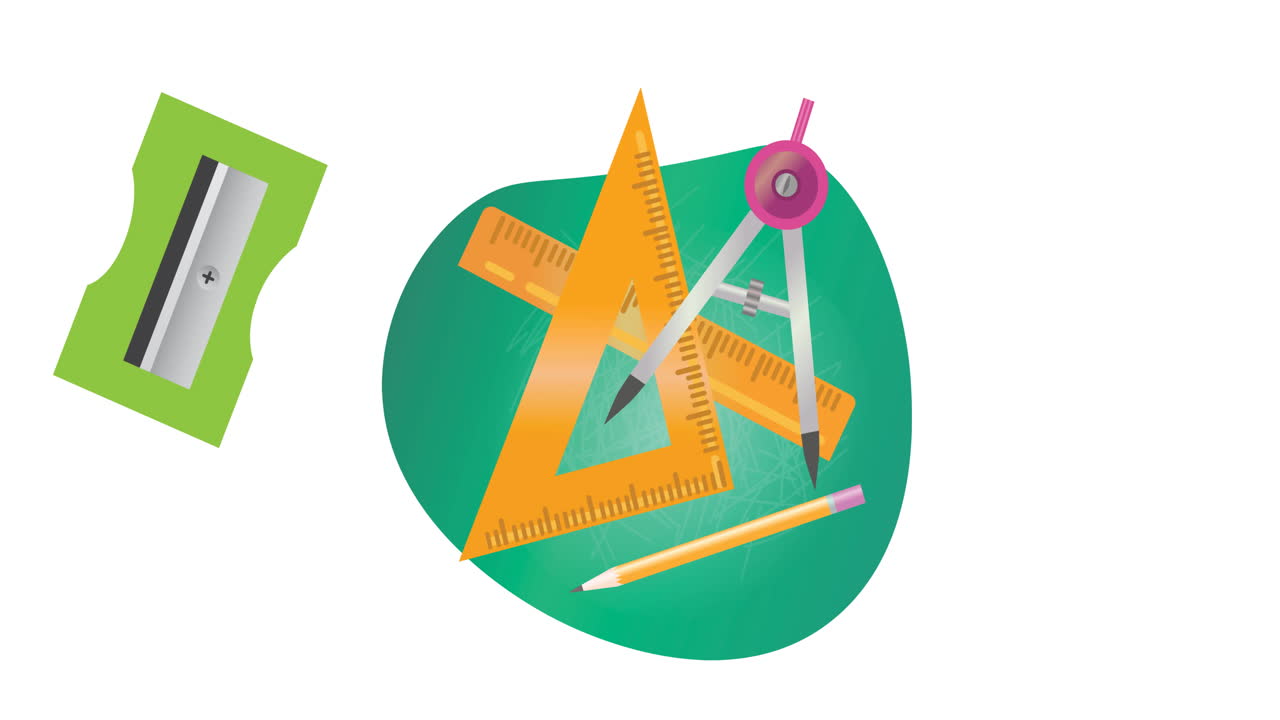 animación de los iconos de los artículos escolares que se mueven sobre un fondo blanco