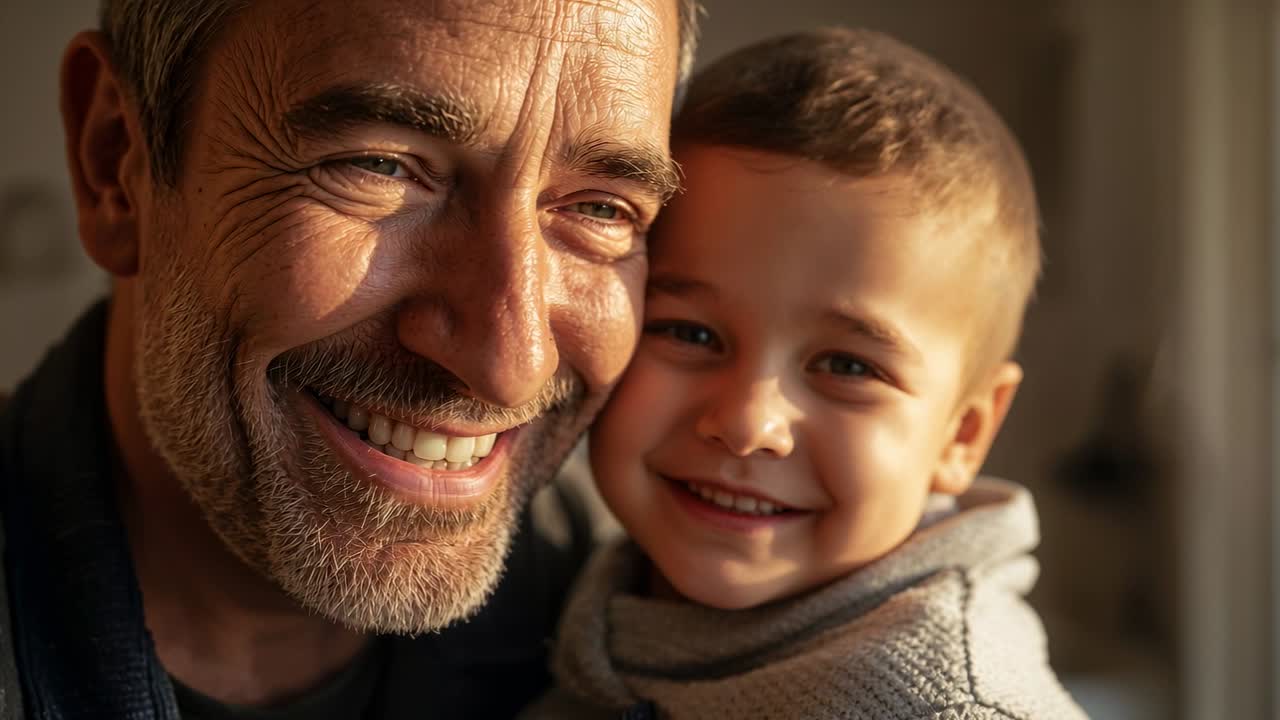 Smiling grandpa and boy leaning close together at home camera starting showing bond in knit sweater