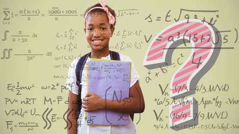 Animation-of-mathematical-equations-and-question-mark-over-african-american-schoolgirl