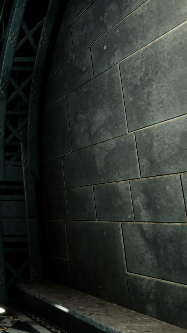 Estructura metálica en un espacio oscuro cerca de una escalera en una ubicación urbana.