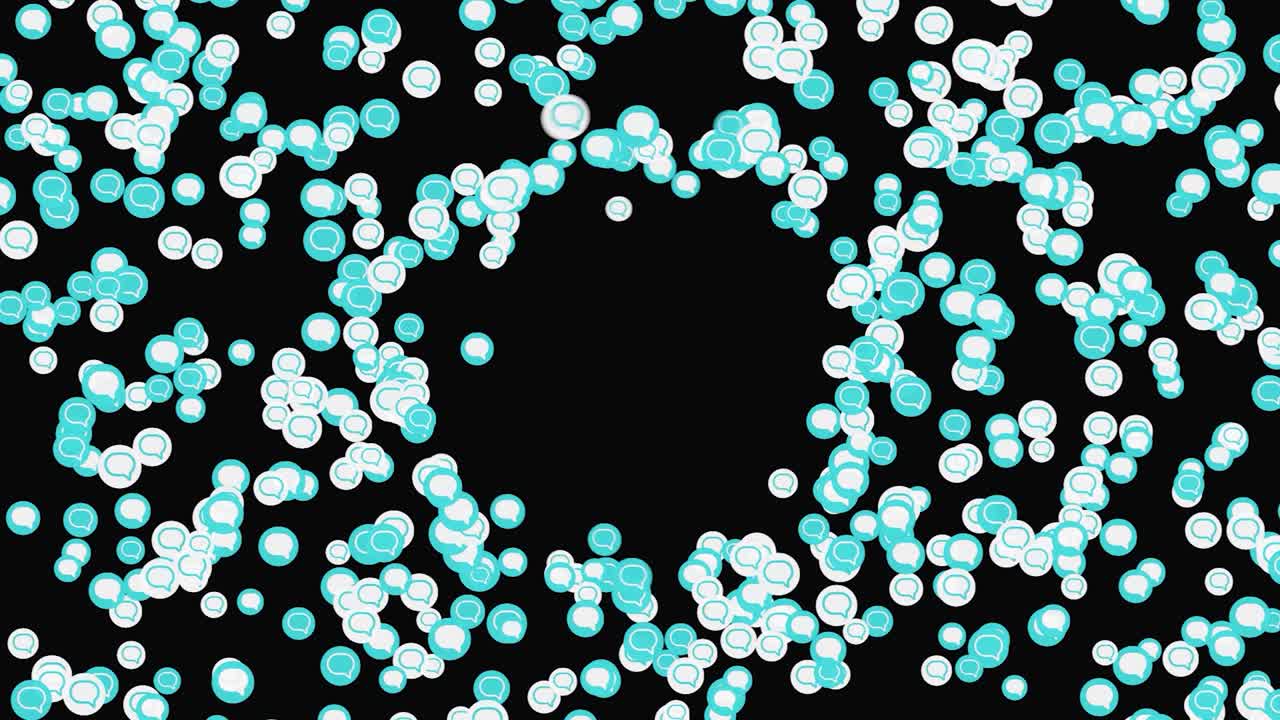 검은 바탕에 움직이는 밝은 파란색과 색 대화 기호를 가진 추상적인 구름, 애니메이션, 화면의 중앙에 빈 둥근 공간을 형성하는 작은 아이콘.